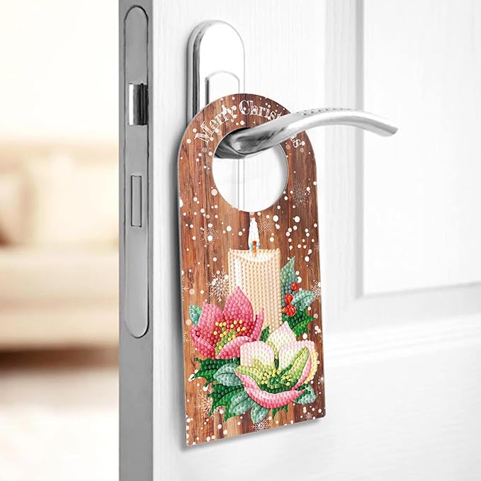 5D Diamond Art Painting Christmas Candle Door Knob Hanger Decorations DIY Kits Wood Diamond Art Christmas Door Handle Hanging Sign Special Shaped Gem Paint by Number Mosaic Home Room Front Door Decor