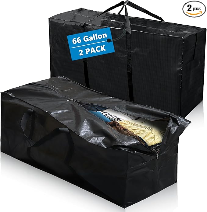Elsjoy 2 Pack 66 Gallon Extra Large Moving Bags, 45 x 16 x 22 Inch Black XXL Storage Bags with Zippers & Handles, 250L Heavy Duty Over-Sized Storage Tote for Traveling, Moving, Camping