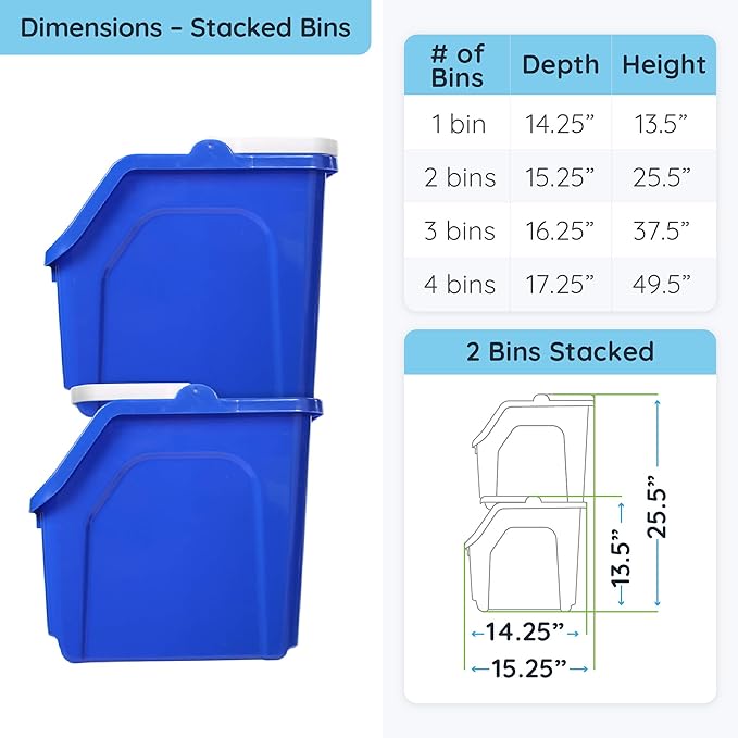 6 Gallon Stackable Recycling Bin Container in Blue, Eco-Friendly BPA-Free Handy Recycler with Handle, 4-Pack