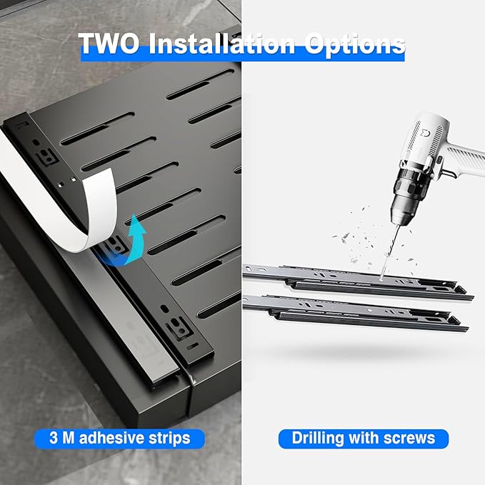 2 Pack Pull Out Cabinet Organizer, Expandable Slide Out Drawers for Kitchen Cabinets Peel and Stick Pullout Drawer Heavy Duty Sliding Shelves for Cupboard, Pantry, Bathroom(16.5" Deep, Black)