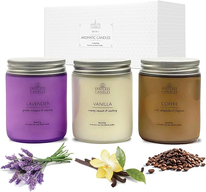 Aromatic Candles Three Pack - 3 x 8 oz Cotton Wick Candles Coloured Fosted Jars - Vanilla, Lavender and Coffee, Classic Candle Set for Men and Women by Spotless Leopard