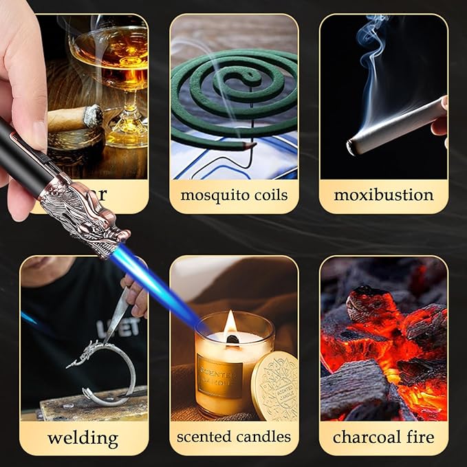 Torch Lighter - Refillable Butane Lighter with Adjustable Flame, Windproof Jet Flame, Transparent Gas Window - Long Lighter for Candles, Kitchen, Outdoor Use (Gas Not Included)-Black