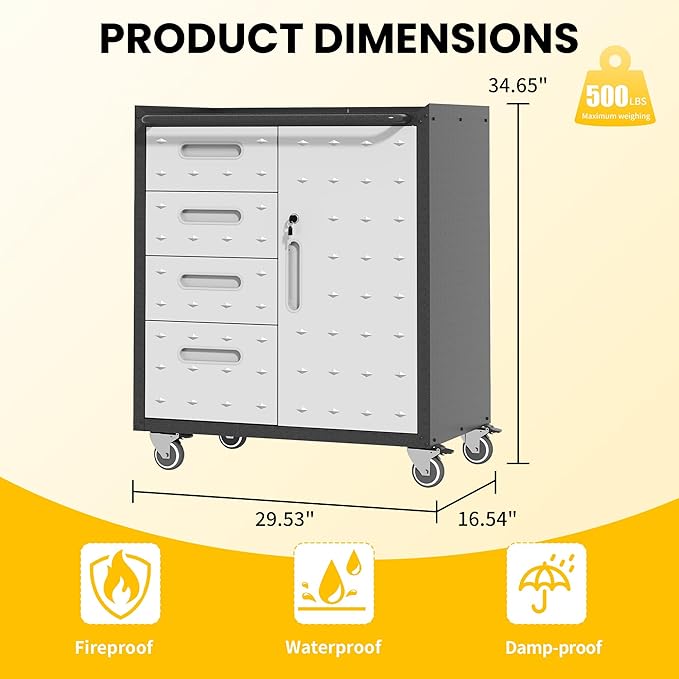 Garage Storage Cabinets with Wheels, Locking Metal Storage Cabinets with 4 Drawers and 1 Doors, Easy Assembly Rolling Tool Cabinet for Garage, Basement,Warehouse