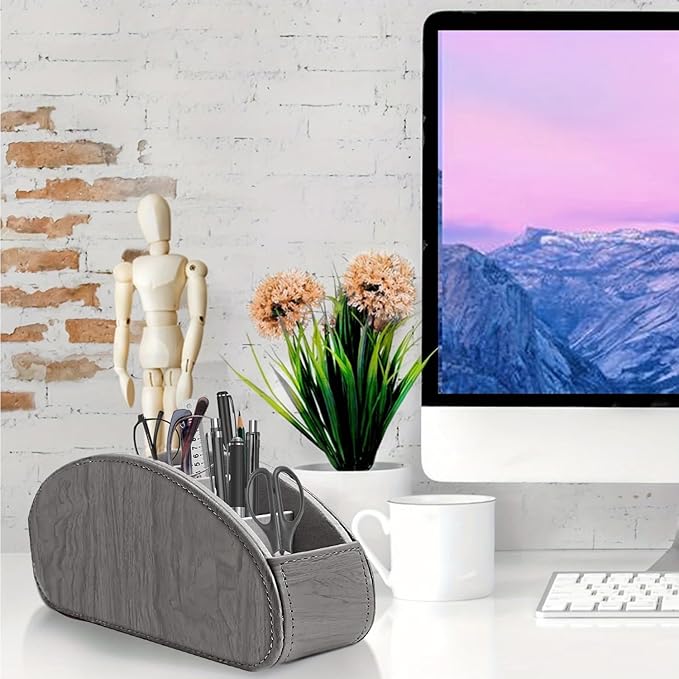 Remote Control Holder, Leather 5 Rooms Desk Organizer and Decorations for Living Room, Bedside Storage Remotes Caddy for TV Controllers/ Makeup Brush Pen/ Office Stationery/ Art Supplies/ Eyeglasses