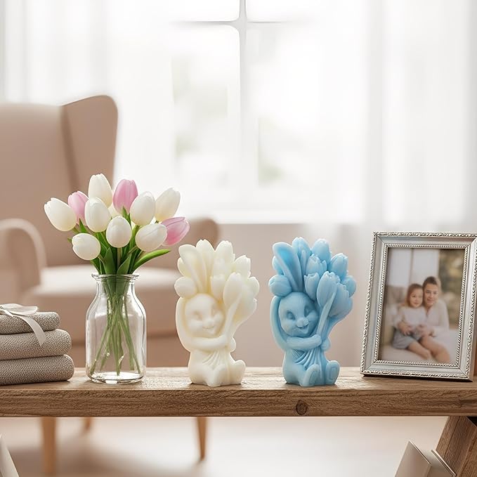 Rabbit with Tulip Silicone Candle Mold, 3D Flower Animal Shape Mold for Candle Making, Wax Resin Soap Casting Mold
