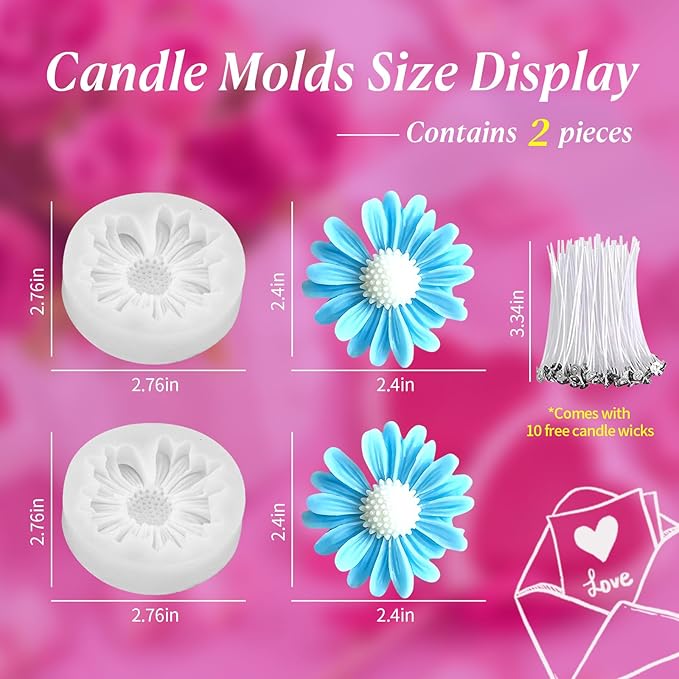 2Pcs Daisy Silicone Candle Flower Wax Mold Silicone for Candles Resin Making Molds Moldes De Silicona para Hacer Velas Artesanales De Silicona,for Making Mothers Day Gifts for Mom Daughter