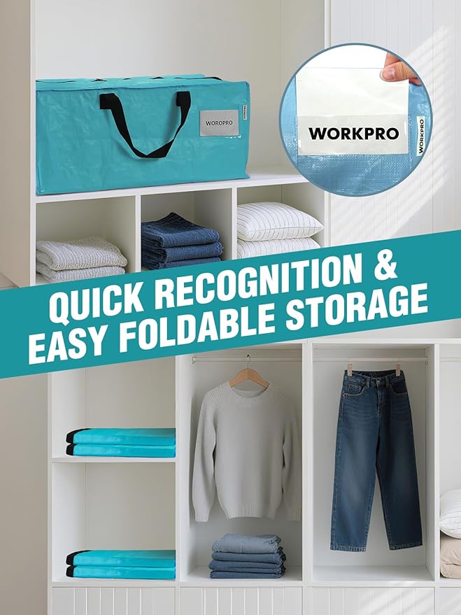 WORKPRO 4 Pack Extra Large Moving Bags with Zippers & Carrying Handles Backpack Straps, Heavy-Duty Storage Tote for Space Saving Moving Storage (Blue)
