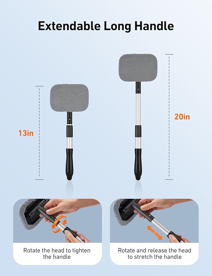 AstroAI Windshield Cleaner Tool, Microfiber Car Window Cleaner with 4 Reusable and Washable Microfiber Pads and Extendable Handle Auto Inside Glass Wiper Kit, Gray