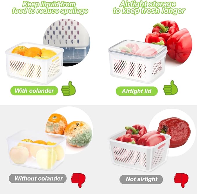 12 Pieces Fruit Storage Containers For Fridge, 6 Pack BPA-Free Fresh Food Containers with Removable Colanders and Airtight Lids, Fresh for Fruit Berry Produce Vegetable, Dishwasher & Microwave Safe