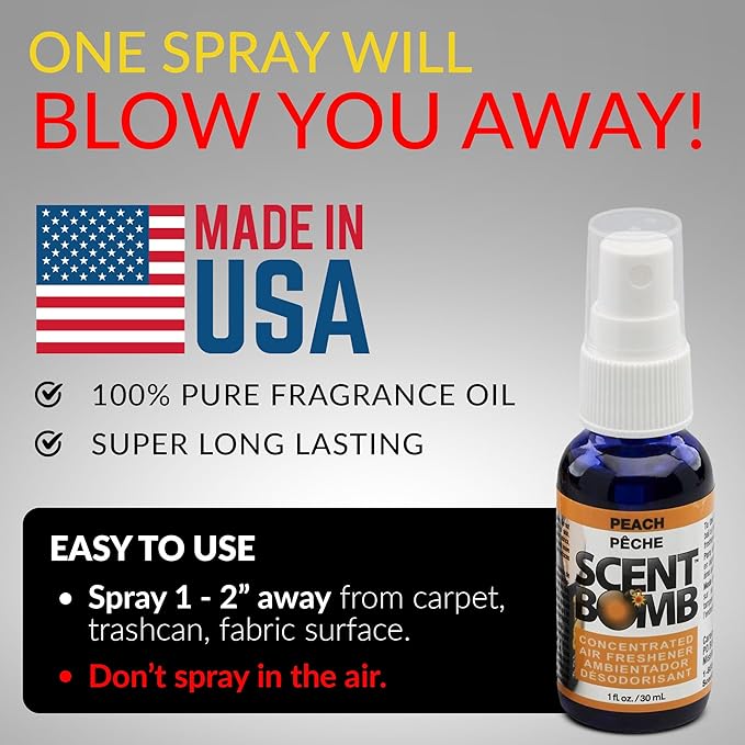 Scent Bomb Air Freshener Spray, Long-Lasting Odor Eliminator - Effective Deodorizer for Home & Car, Fresh Room Spray for Kitchen, Bathroom & Smell Neutralizer - 1 oz Pack of 4, Peach Scent