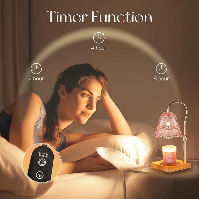 Candeldo Candle Warmer Lamp with Timer: Pink Flower Candle Warming Lamp with 2 Bulbs Height Adjustable Wax Warmer Dimmable Bedroom Mothers Day Decor Gift for Women