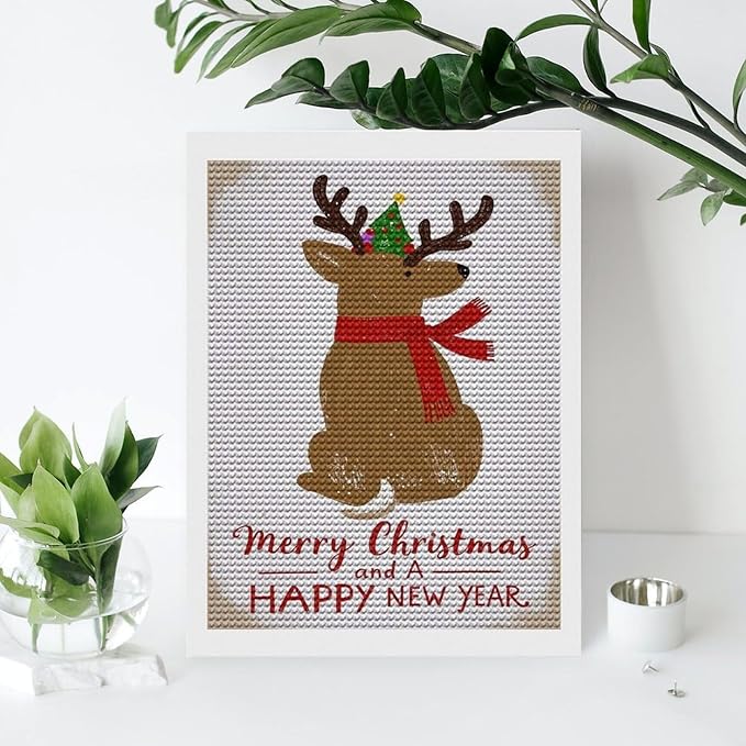 Diamond Painting Kits for Adults - Merry Christmas And Happy New Year Red Antlers & Scarf Painting DIY 5D Full Drill Diamond Dots Paintings with Diamonds Gem Art And Crafts Home Decor 12"x16"