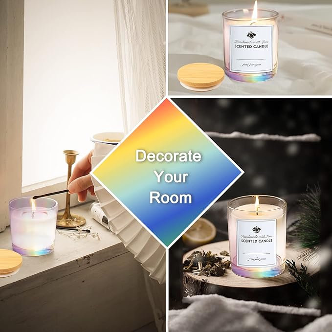 CONNOO 12 Pack 10 OZ Iridescent Glass Candle Jars for Making Candles with Airtight Bamboo Lids Nice Sticky Warning Labels for Candle Making Empty Container Bulk - Dishwasher Safe