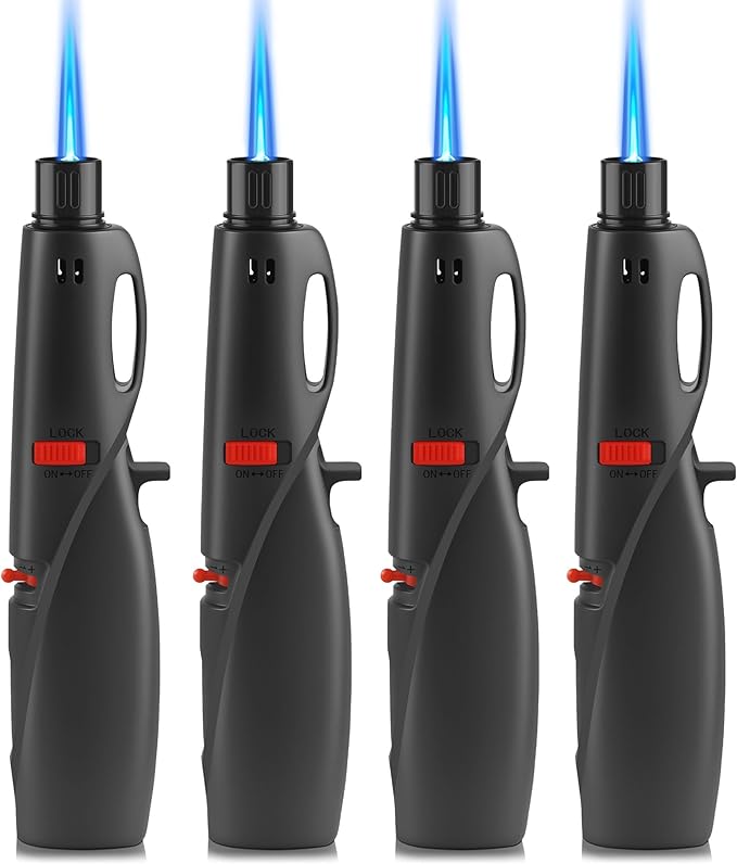 Samniu 4 Pack of Butane Torch Lighter, Windproof & Refillable, Adjustable Jet Flame Lighters with Safety Lock for Candle, Grill, Stove, Firework (NO Gas)