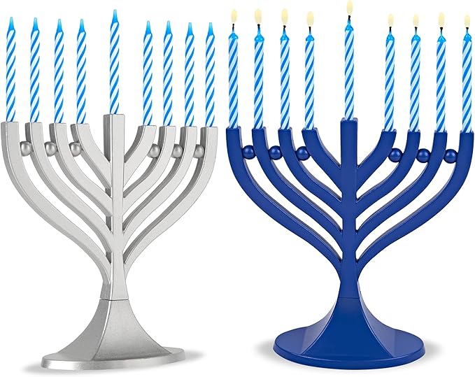 Zion Judaica Blue and Silver Set of 2 Mini Menorahs with 44 Birthday Candles Small Travel Minorah w/Chanukah Candles On-The-Go Hanukkiah Compact Hanukkah Candle Holder Menurah Chanuka Gifts Chanukiah