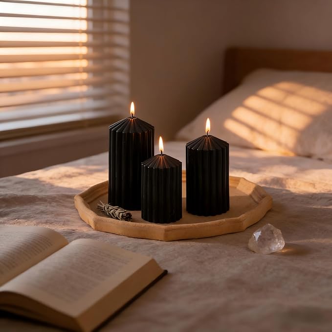 3 Pack Black Ribbed Pillar Candles - Soy Wax Unscented, 2.76" x4.2/4.9/5.9 in Smokeless Non Toxic Cotton Wick, Aesthetic Modern Candles for Home Decor, Dinner Table, Living Room, Housewarming Gift