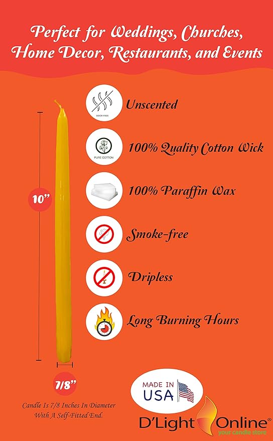 D'light Online Elegant 10" Unscented Daffodil Yellow Taper Candles, Premium Quality Hand-Dipped Tapered Candles, Dripless and Smokeless - Set of 12 Individually Wrapped (10 Inch, Daffodil)