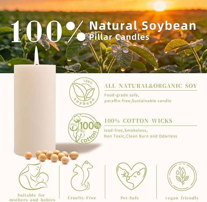 6 Pack Soy White Pillar Candles,Natural Soybean Pillar Candles,540 H Long Lasting Burning-Unscented,Dripless and Smokeless Rustic White Hand-Poured Candles Dinner Table,for Wedding,Home Decor 2.8x6in