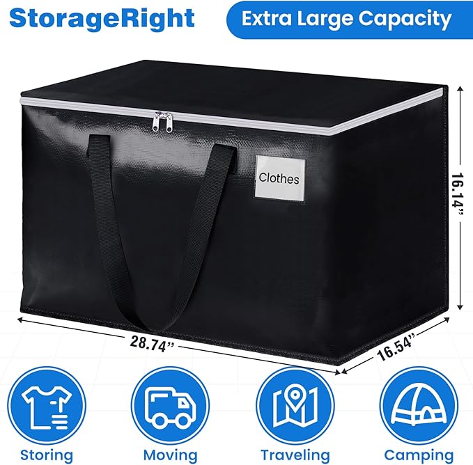 StorageRight Large Moving Bags Heavy Duty Storage Totes for Storage,Packing & Moving Collapsible Moving Supplies with Large Capacity, Reinforced Zippers and Handles, 125L, 4 Packs