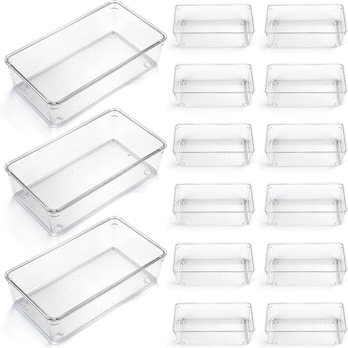 Maitys 12 Pcs Clear Drawer Organizer 9 x 6 x 2 Inches Plastic Rectangle Trays Makeup Vanity Storage Bins and Kitchen Drawers Dividers for Office Desk Silverware Kitchen Utensils