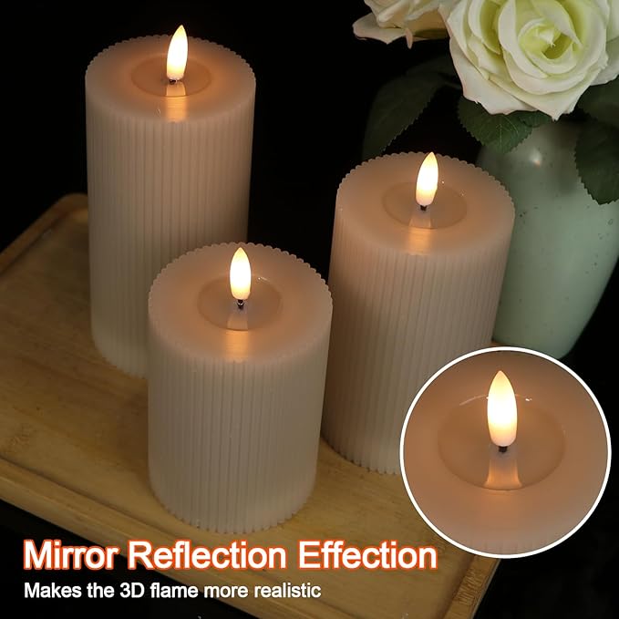 GenSwin Mirror Surface Flameless Candles with Timer, Real Wax LED Pillar Candles Battery Operated with 3D Flame, 3Pcs Stripe Flickering Battery Candles for Christmas Home Decor(Gray, D3” x H5”6”7”)