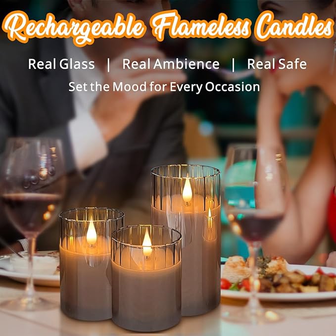 Rechargeable Flameless Candle, Flashing LED Pillar Real Wax Candle with Remote Control and Timer, Grey Stripes Glass Electronic Candles for Room Decoration, 1 Set of 3
