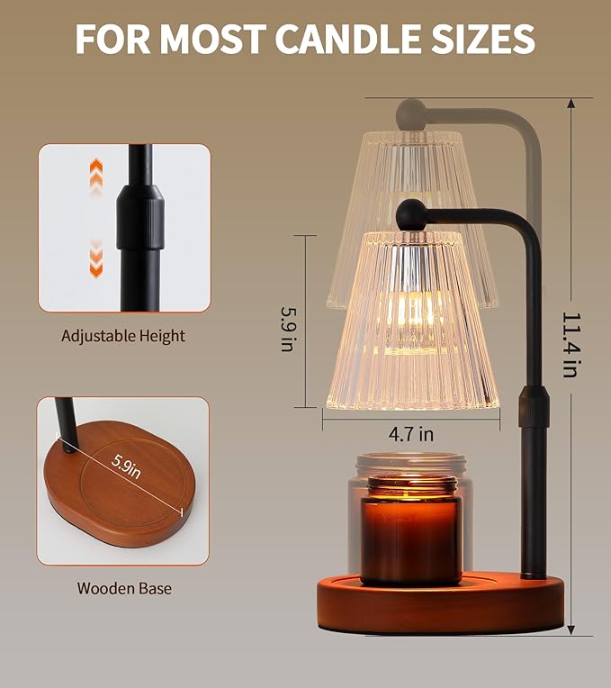 Candle Warmer Lamp with Timer Dimmable, Wooden Electric Wax Melt Warmer for Jar Candles,2 Bulbs, No Flame Candle Warmer Lamp Birthday Gifts for Women Mom,House Warming Gifts,Height Adjustable