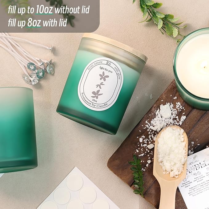 REISEN 12Pcs Gradient Green Candle Jars for Making Candles, 10oz Glass Jars with Bamboo Lids, Candle Wick Kit and Sticky Warning Labels, Candle Containers Vessels for DIY Gifts