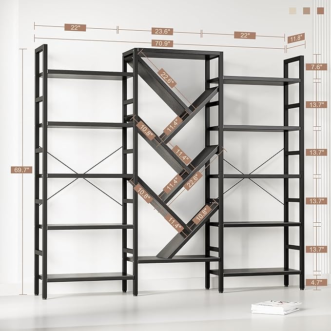 70x70” Triple 5 Tier Book Shelf, Large Wooden Bookcase with 17 Open Display Shelf, Modern Tree Bookshelf Metal Frame Tall Book Case Furniture for Living Room Bedroom Home Office Black
