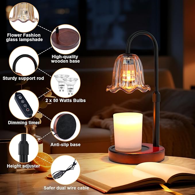 Candle Warmer Lamp Electric: Dimmable Timer Candles Warming Lamps - Height Adjustable Burner Jar - No Flame Scented Melts Wax - All Candle Jars Table Light Home Decor