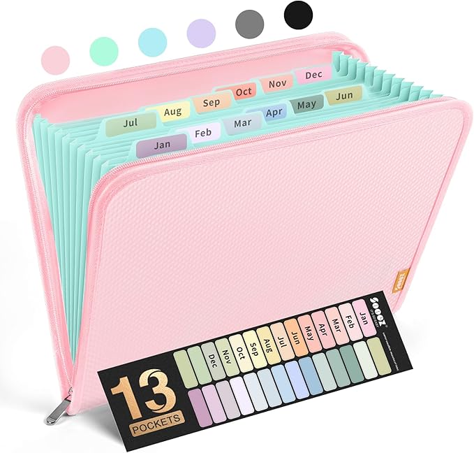 Sooez 13 Pocket Accordion File Organizer, Zipper Expanding File Folder Organizer, Reinforced Plastic Accordion Folder, A4 Letter Size, Portable Folders for Documents, Pink