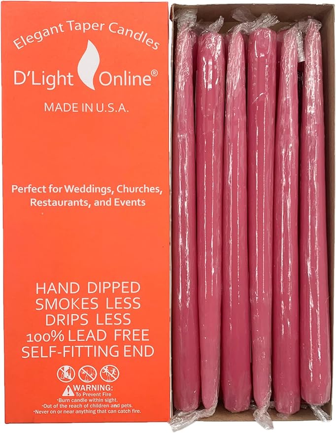 D'light Online Elegant Premium Quality 12" Unscented Rosewood Blush Pink Taper Candles Hand-Dipped, Dripless Tapered Candles and Smokeless - Set of 12 Individually Wrapped (12 Inch, Rosewood Pink)