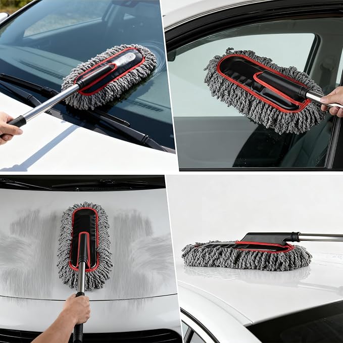 Car Duster Exterior Scratch Free,Microfiber Car Duster with Extendable Handle, with 3PCS Detailing Brush, Exterior Interior Multipurpose for SUV,Truck,RV
