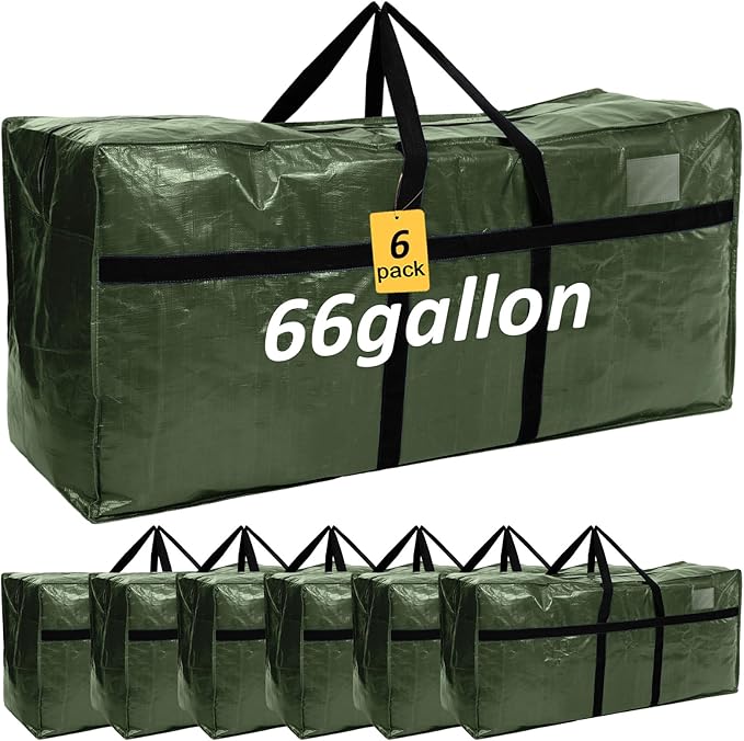 6 Pcs 66 Gallon Extra Large Moving Bags Heavy Duty Storage Bag with Strong Zipper Handle Foldable XXL Jumbo Storage Tote Packing Moving Box for College Dorm Travel Cloth Duffle (Army Green)