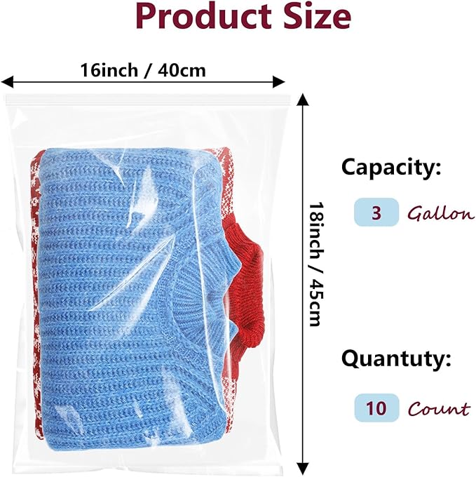 Large Plastic Bags With Zipper Top,3 Gallon,16" x 18",10 Pack,Extra Large Storage Packing for Clothes,Travel, Moving, Large Reusable bags,Heavy-Duty,BPA-Free, 2-mil Thick Clear Plastic
