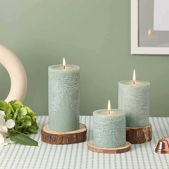 3x4 Inch Sage Green Pillar Candles - Set of 3, Unscented, Long Burning, Smokeless Dripless Candles for Spring Home Decor, Dinner Table, Bathroom, Rustic Decor