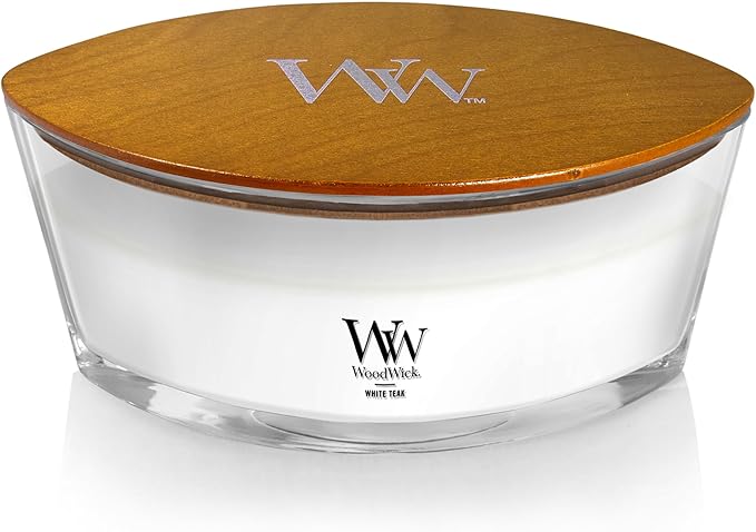 WoodWick White Teak Gifts for Women and Men, 16 oz Ellipse Candle with Crackling Wick