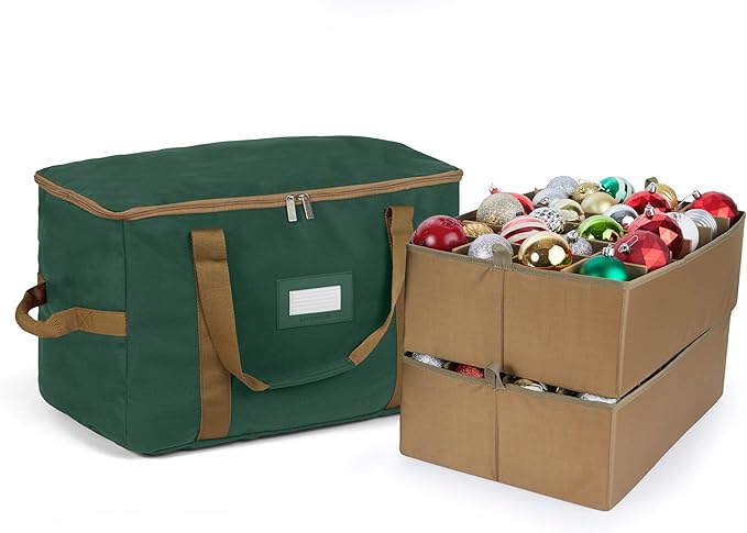 Covermates Keepsakes Adjustable Ornament Storage Bag – Heavy-Duty Polyester, Padded Dividers & FlexGrid Trays – Protective Holiday Ornament Organizer with Handles & Label Window, Green