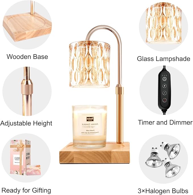Candle Warmer Lamp, Candle Warmer Light with Timer & Dimmer, Candle Warmer Lamp Adjustable Height, Compatible with Jar Scented Candles, Candle Warming Lamp with 3 Bulbs for Home Decor