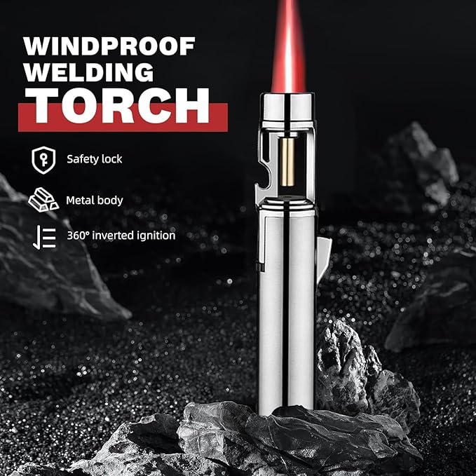 Torch Lighter, Butane Refillable Multifunction Straight Flame Bright Lighter Windproof Adjustable Color with Safety Lock Jet Lightsaber Flame for Outdoor, Campfires, BBQ, Candles, Camping