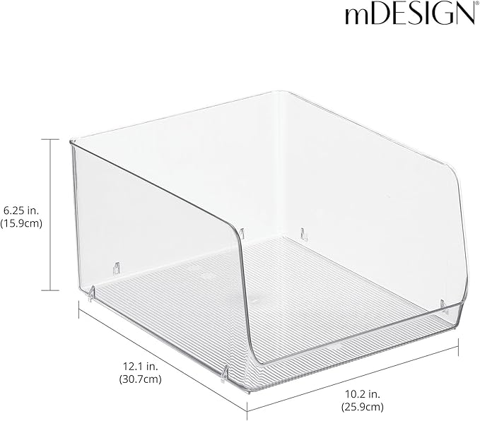 mDesign Wide Stackable Plastic Food Storage Organizer Bin Basket with Open Front for Household Kitchen Cabinets, Pantry, Offices, Closets, Bedrooms, Bathrooms - 10.2" Wide, 4 Pack - Clear