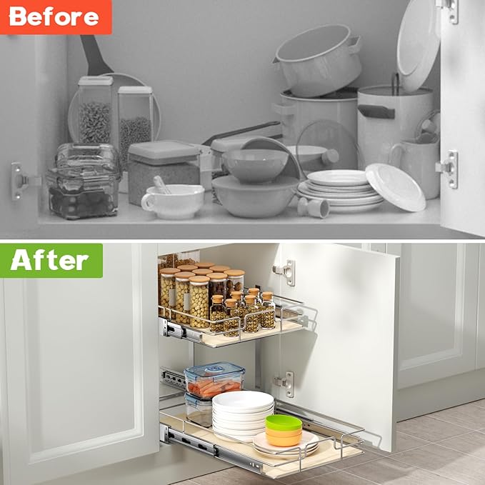 ROOMTEC 2 Tier Individual Pull Out Cabinet Organizer 16½"W x 21½"D, Slide Out Wood Shelves Organizers, Pull Out Drawers Organization and Storage for Kitchen Cabinet
