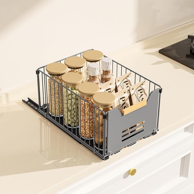 Pull Out Cabinet Organizer, Slide Out Drawers for Cabinets, Peel and Stick, Heavy Duty Shelves for Kitchen, Cupboard, Pantry, Bathroom,high- Gray
