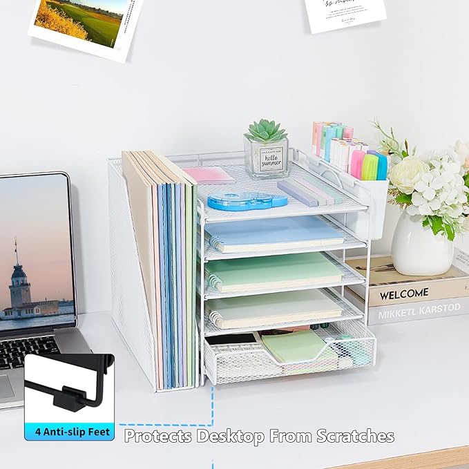 Desk Organizer, 5-Tier Paper Letter Tray Organizer with File Holder, Drawer and Pen Holder, Desktop Organizer for Office Supplies, White