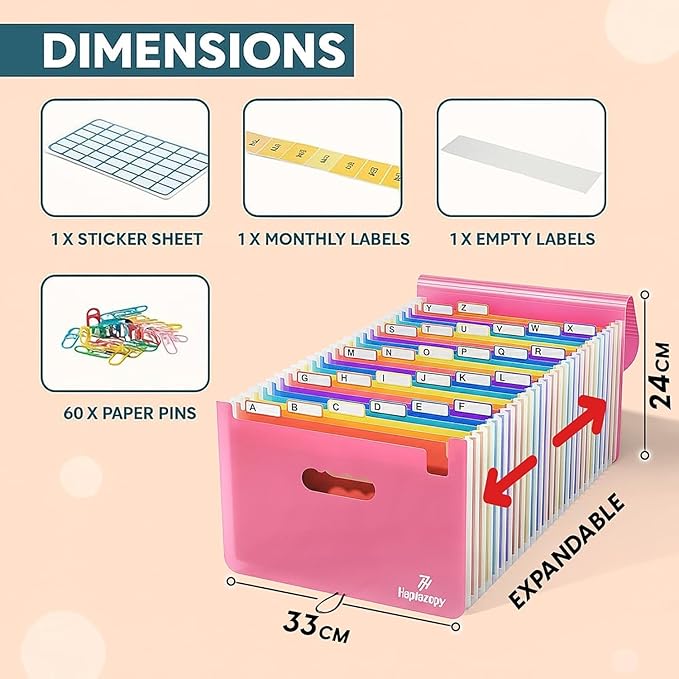 Accordion File Organizer, 26 Pockets Expanding Accordion Folder, A4 Letter Size Filing Organizer with Colorful Tabs, Elastic Cord, 60 Paper Clips, Labels & Stickers for Office (Pink)