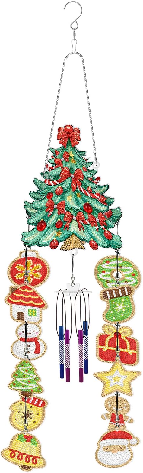 Diamond Dots Christmas Tree Wind Chimes Hanging Ornaments DIY Kits 5D Christmas Tree Diamond Art Painting Wind Chime Hanging Pendant Double Sided Special Shaped Gem by Number Yard Office Window Decor