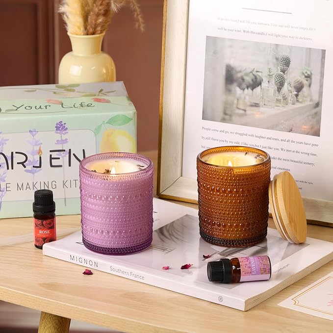 DARJEN Candle Making Kits for Beginners, DIY Starter Scented Candles Making Kit - 2 Glass Jars(Purple, Amber), Soy Wax, Scented, Card & More, Full Soy Candle Making Supplies Set Perfect Gifts