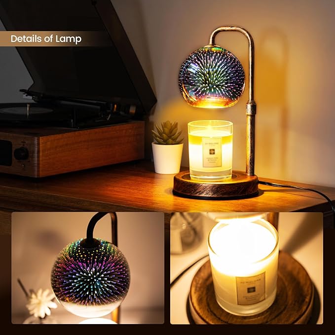Glocusent Candle Warmer Lamp with Timer, 3D Glass Globe, Antique Base, Dimmable Height Adjustable Wax Melter for Scented Jar Candles, 2-8H Auto Off, Christmas Birthday Gifts for Women, Home Decor Gift
