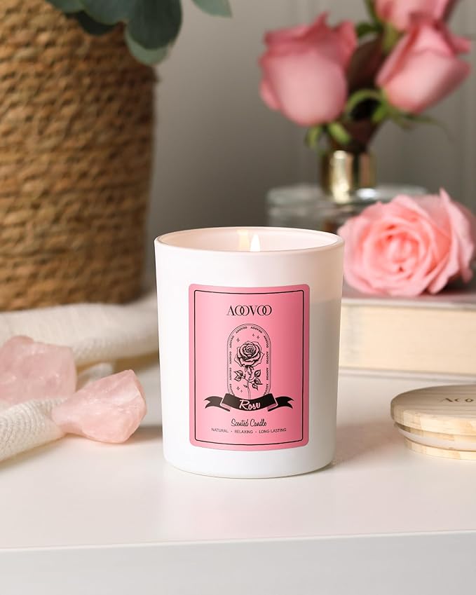AOOVOO Rose Scented Candles for Women - Aromatherapy Candle with Crystals Inside, 7oz Soy Candles for Home Scented, Mothers Day Birthday Gifts Mothers Day Candle for Women Mom