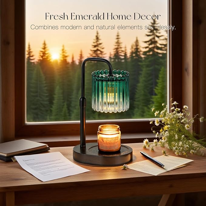 Candeldo Candle Warmer Lamp with Timer: Emerald Green Candle Warming Lamp with 2 Bulbs Height Adjustable Wax Melt Dimmable Bedroom Decor for Women